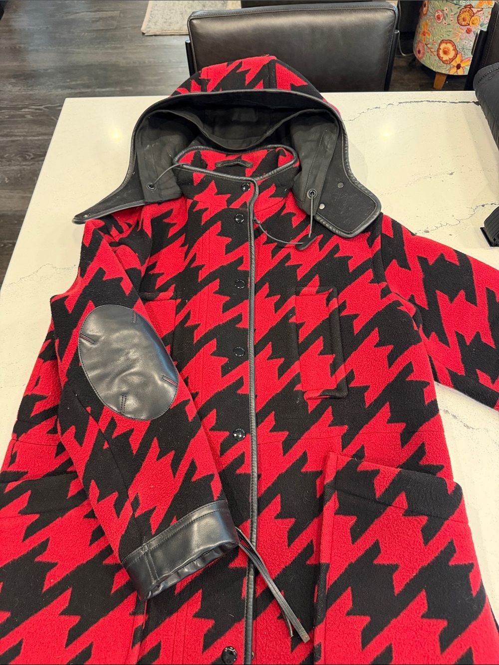 Coach Red & Black Houndstooth Hooded Coat with Leather Trim